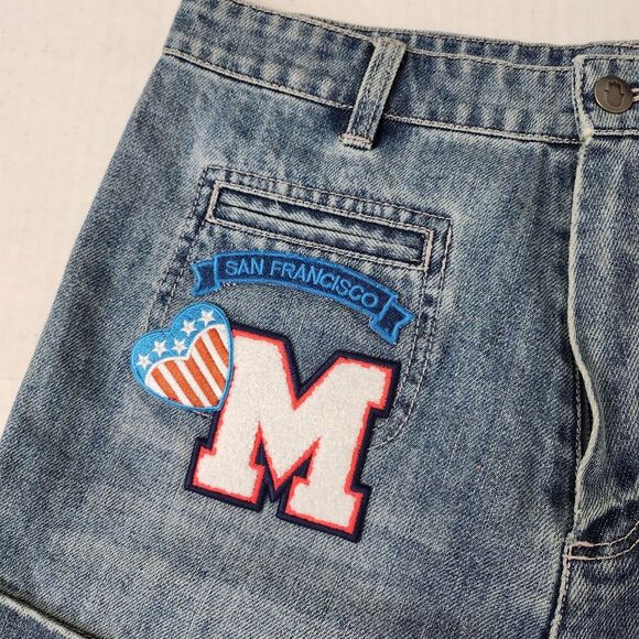 Manoush Denim Shorts Womens 8 Blue Cut-off Patchwork High-Rise Venice Beach Boho - Picture 5 of 12